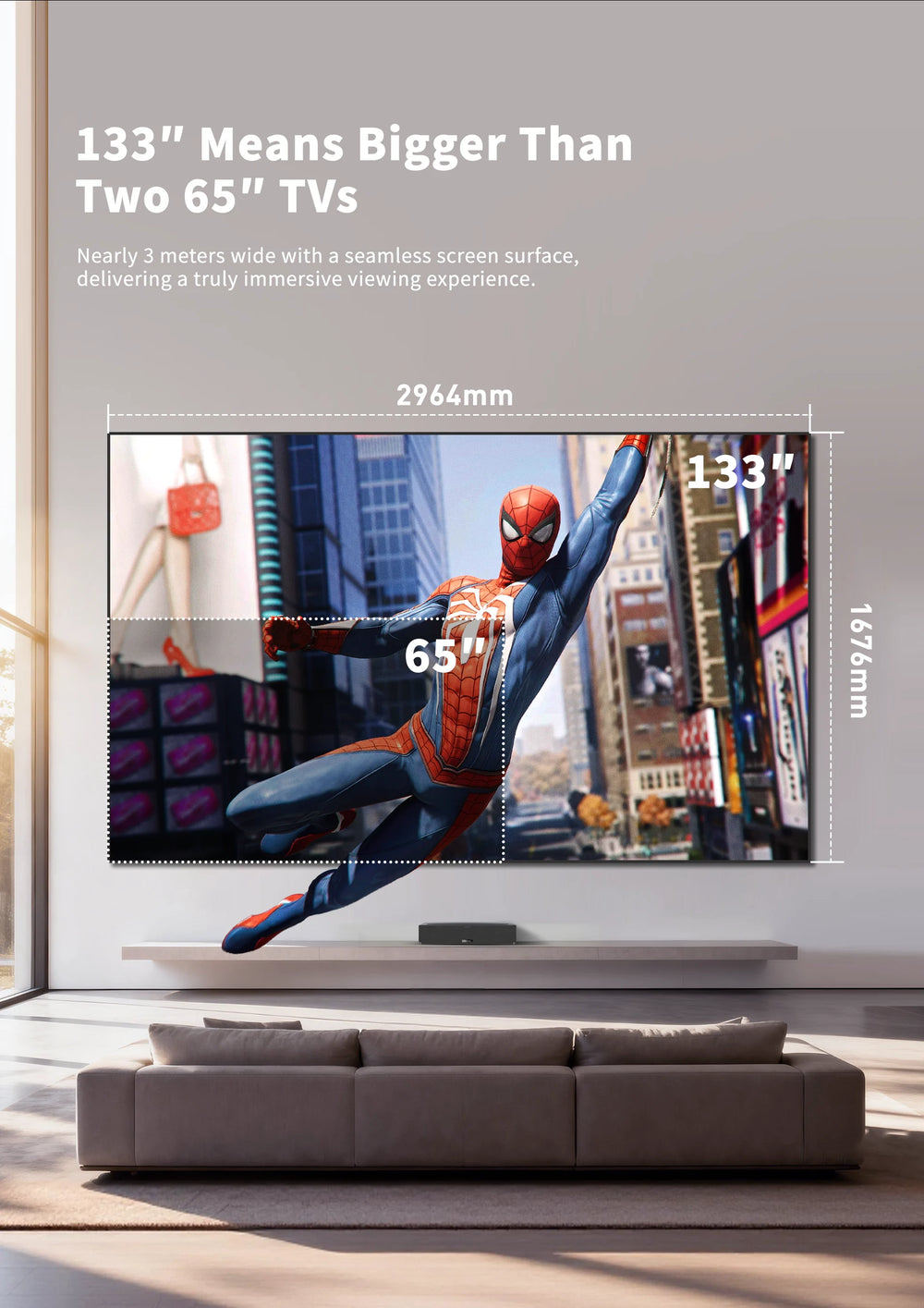 133 inch WUPRO Gallery KBSP seamless screen compared with a 65 inch TV for large screen viewing