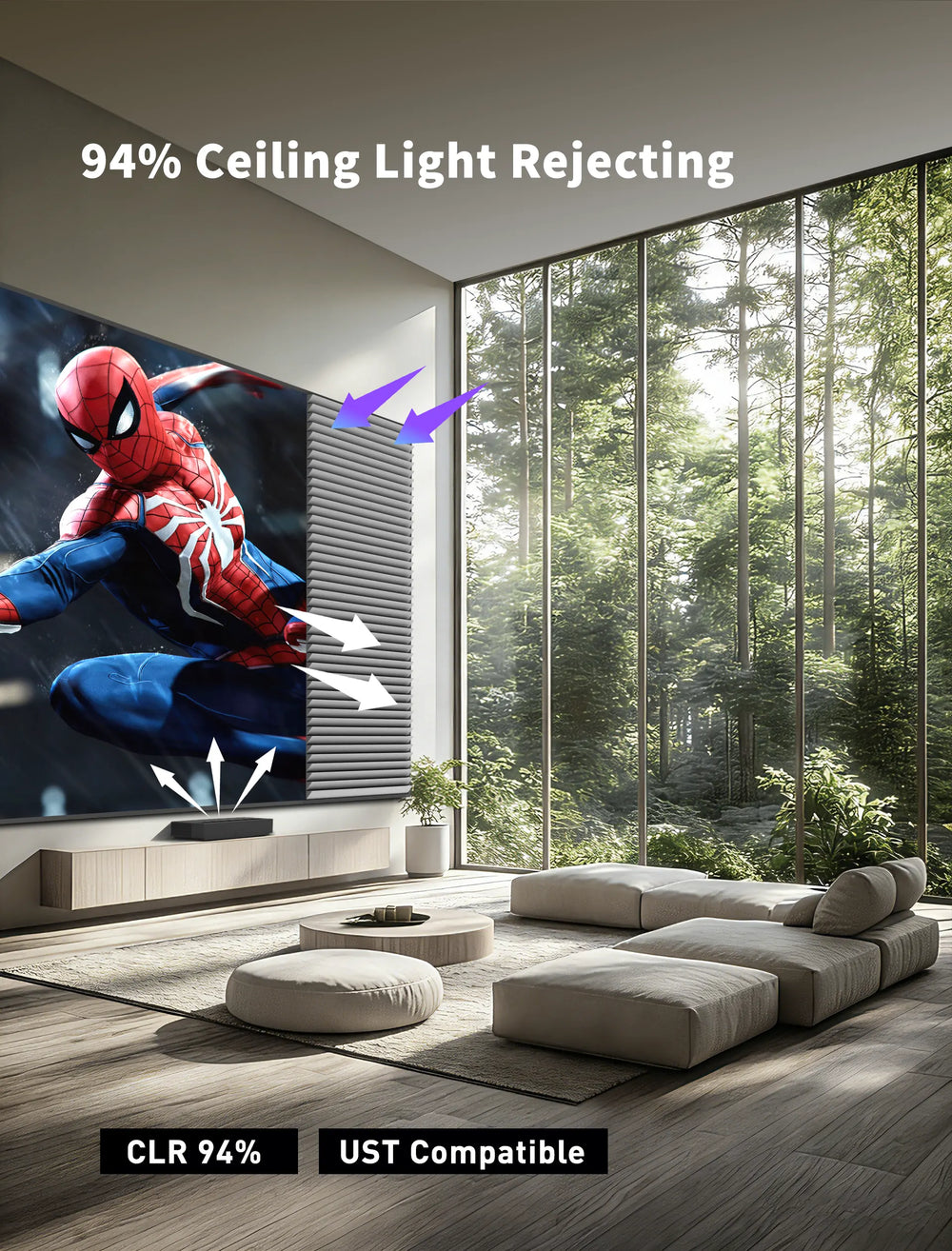 KBSP 133 inch seamless CLR screen with 94% ceiling light rejection for UST projection