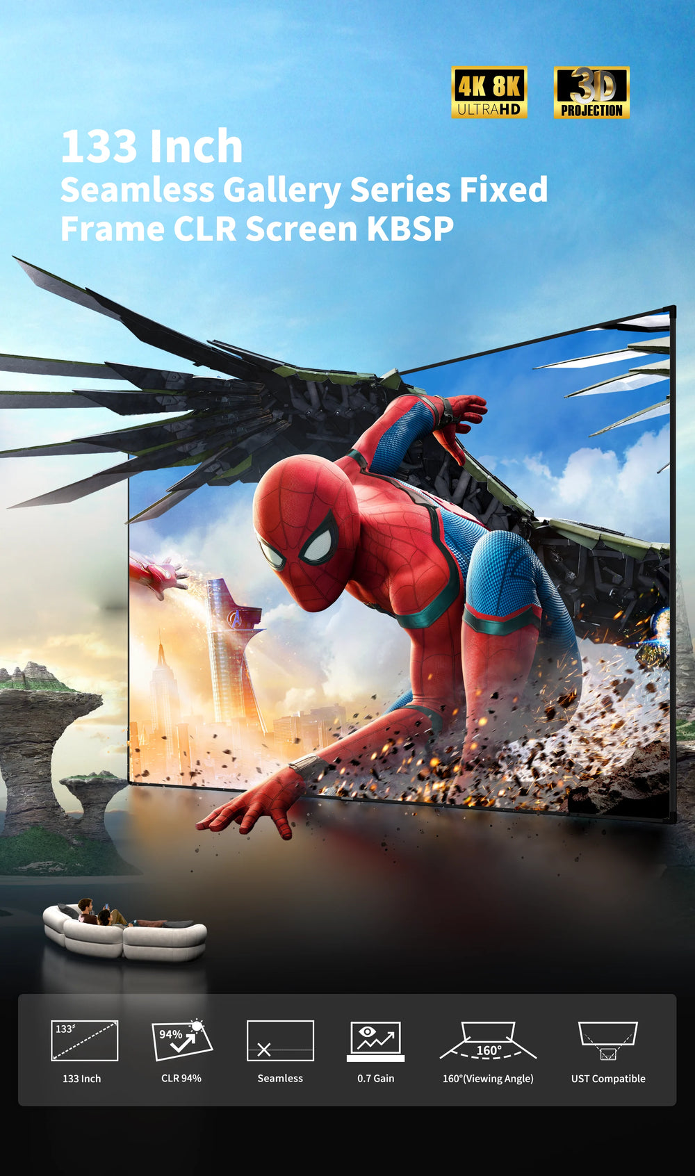 WUPRO Gallery KBSP 133 inch seamless UST screen with optical lenticular light rejecting structure