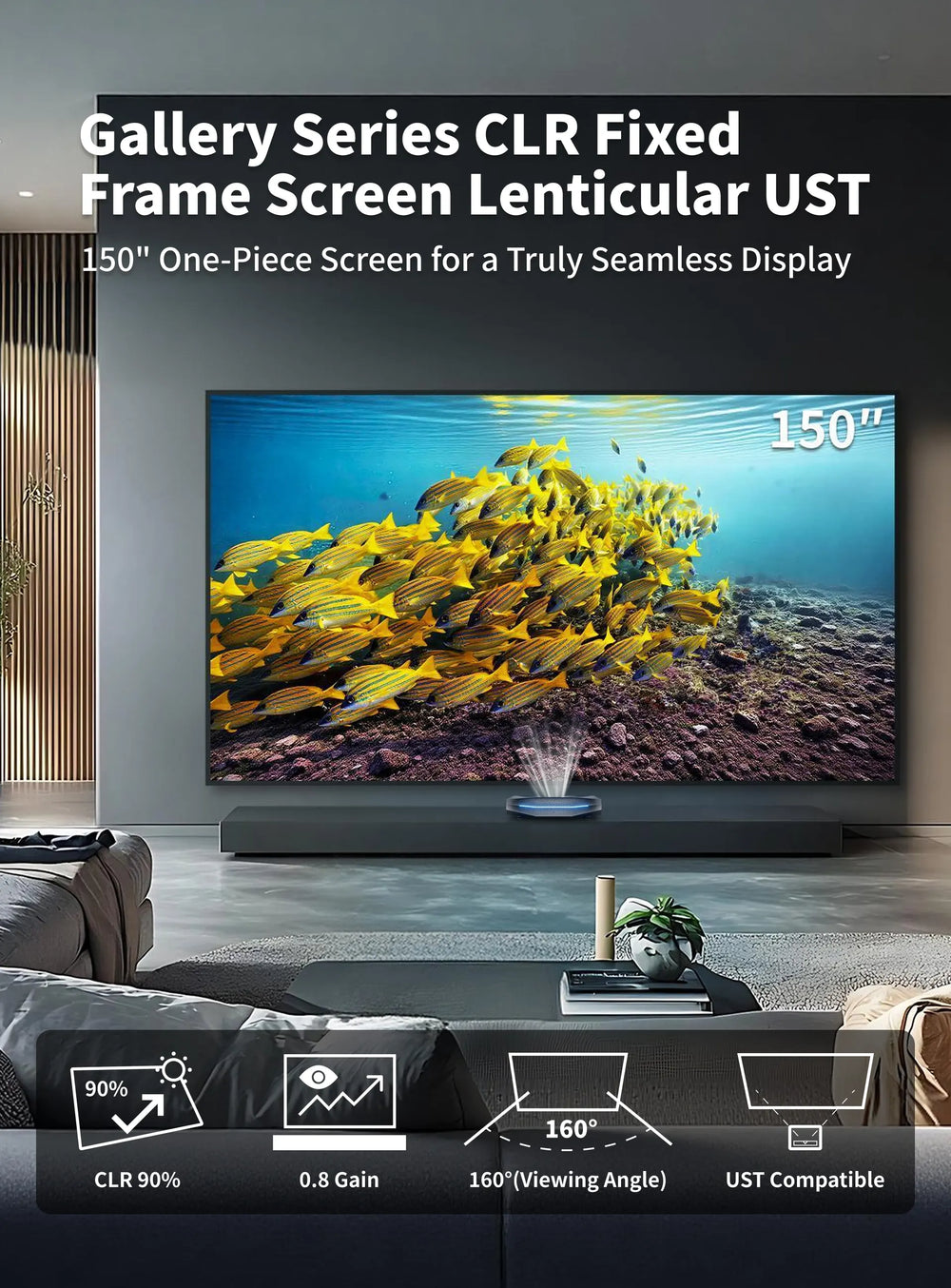 WUPRO Gallery Series 150 inch Lenticular UST fixed frame screen for an immersive large format home theater