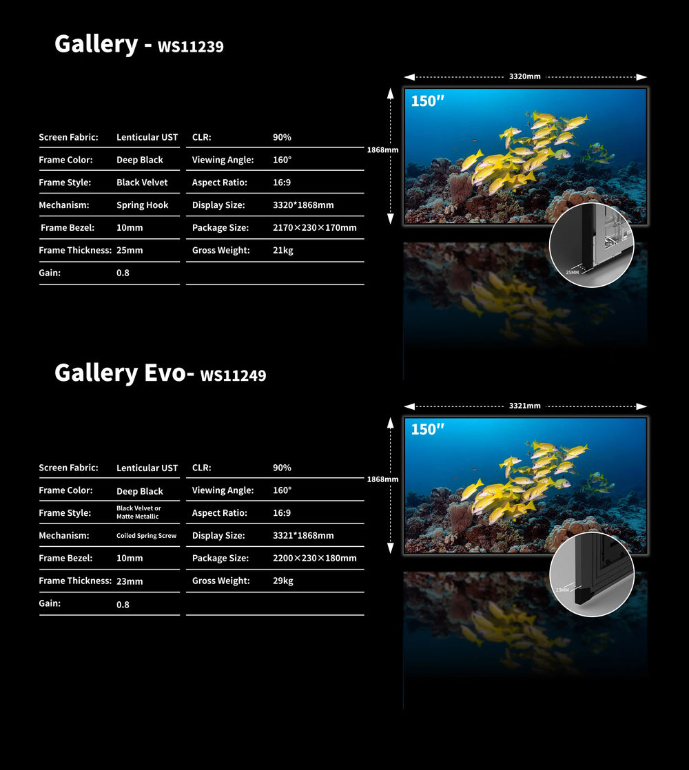 WUPRO Gallery Series Lenticular UST 150 inch seamless fixed frame screen size dimensions
