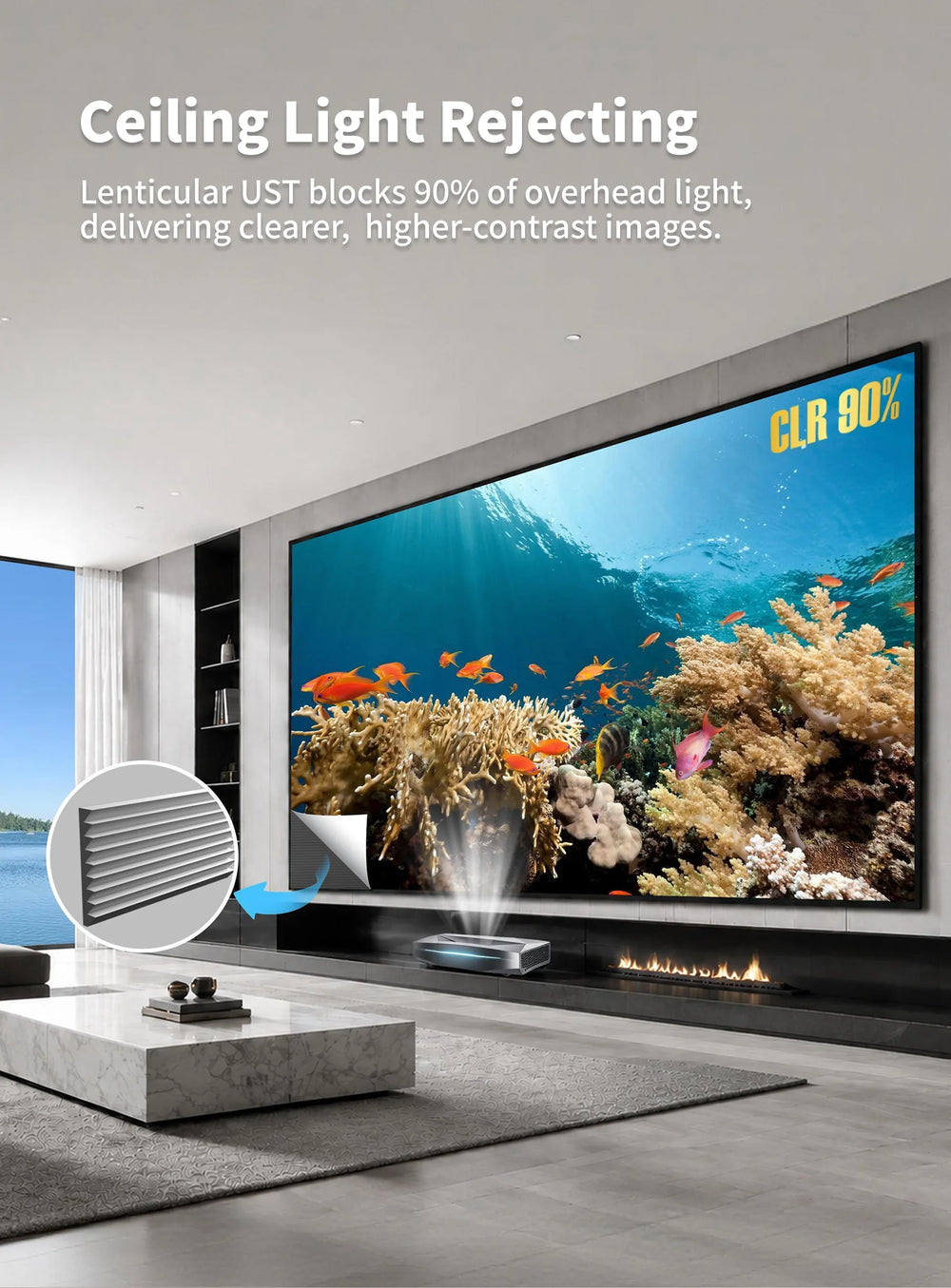 WUPRO Lenticular UST screen with optical black grid structure for ambient light rejection