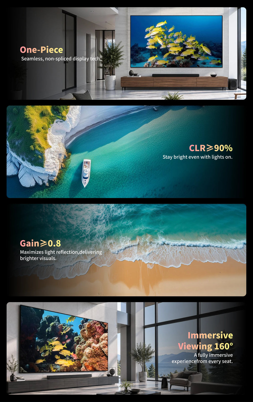 WUPRO Gallery Series Lenticular UST CLR fixed frame screen with 150 inch seamless surface, wide viewing, laser speckle reduction and 4K 8K HDR support