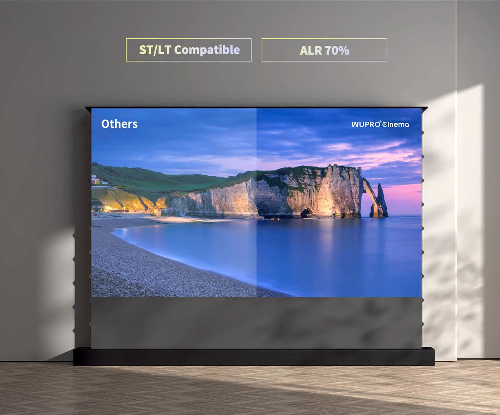 WUPRO LeApex Black Crystal floor rising projector screen with 70% ambient light rejection for improved contrast in controlled ambient lighting