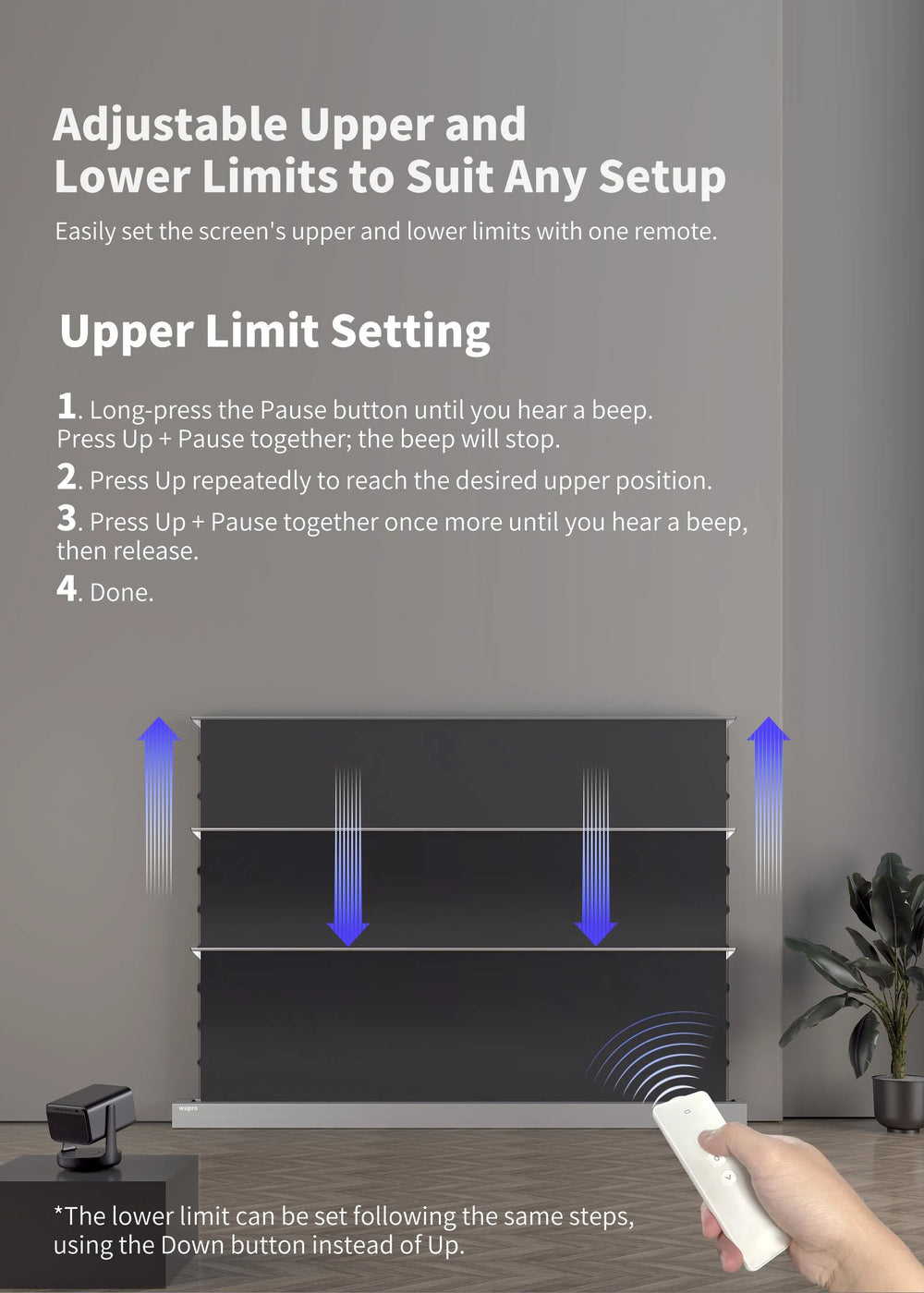 WUPRO LeApex Black Crystal motorized floor rising projector screen height limit setting guide for adjusting the screen stop position