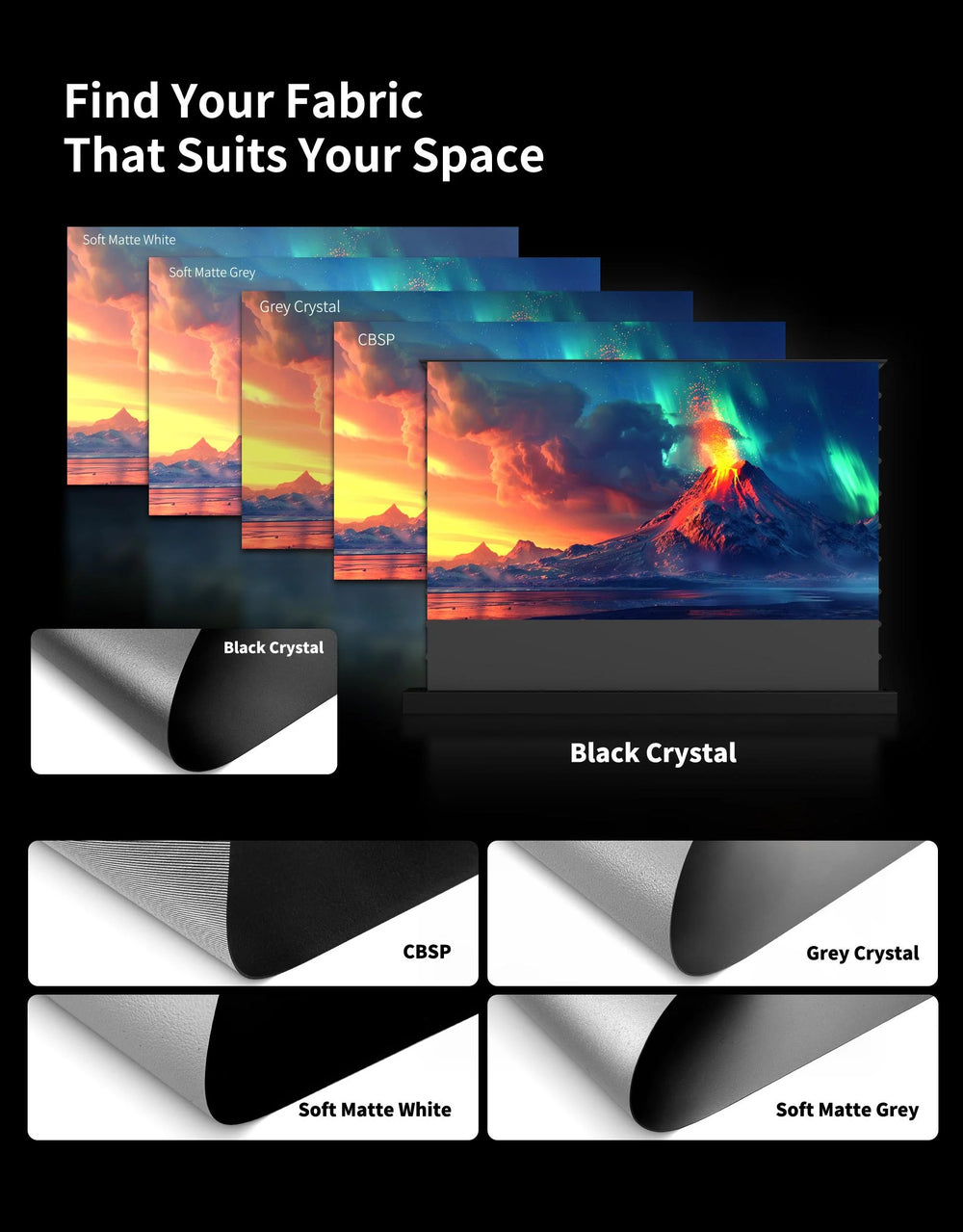 WUPRO Black Crystal ALR motorized floor rising screen improves perceived image contrast for standard and long throw home theater projectors