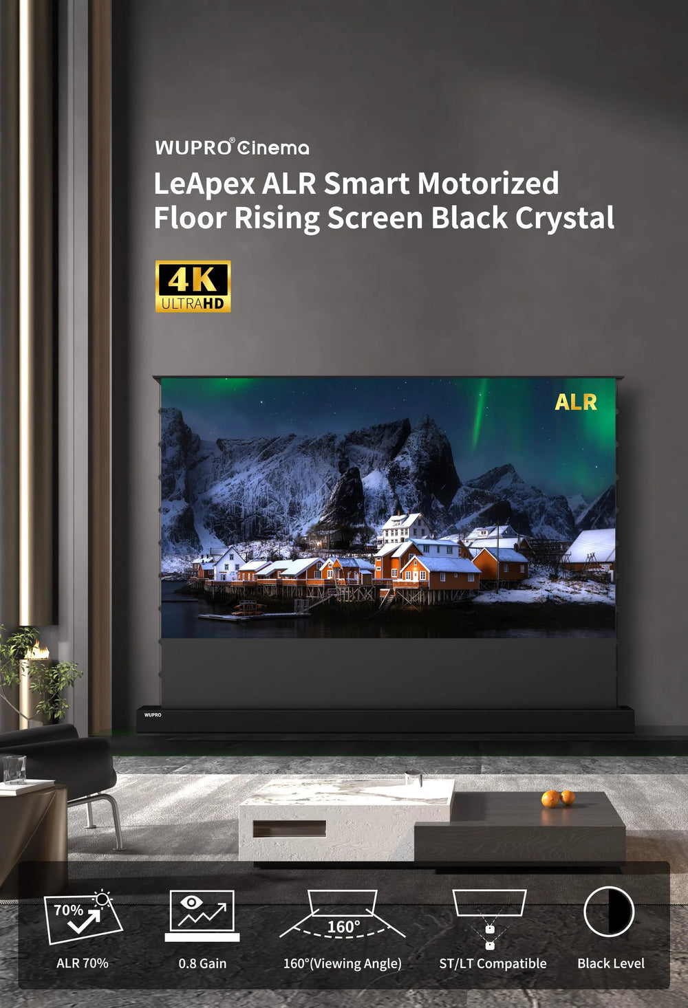 WUPRO LeApex Black Crystal motorized ALR floor rising projector screen available from 72 to 150 inches