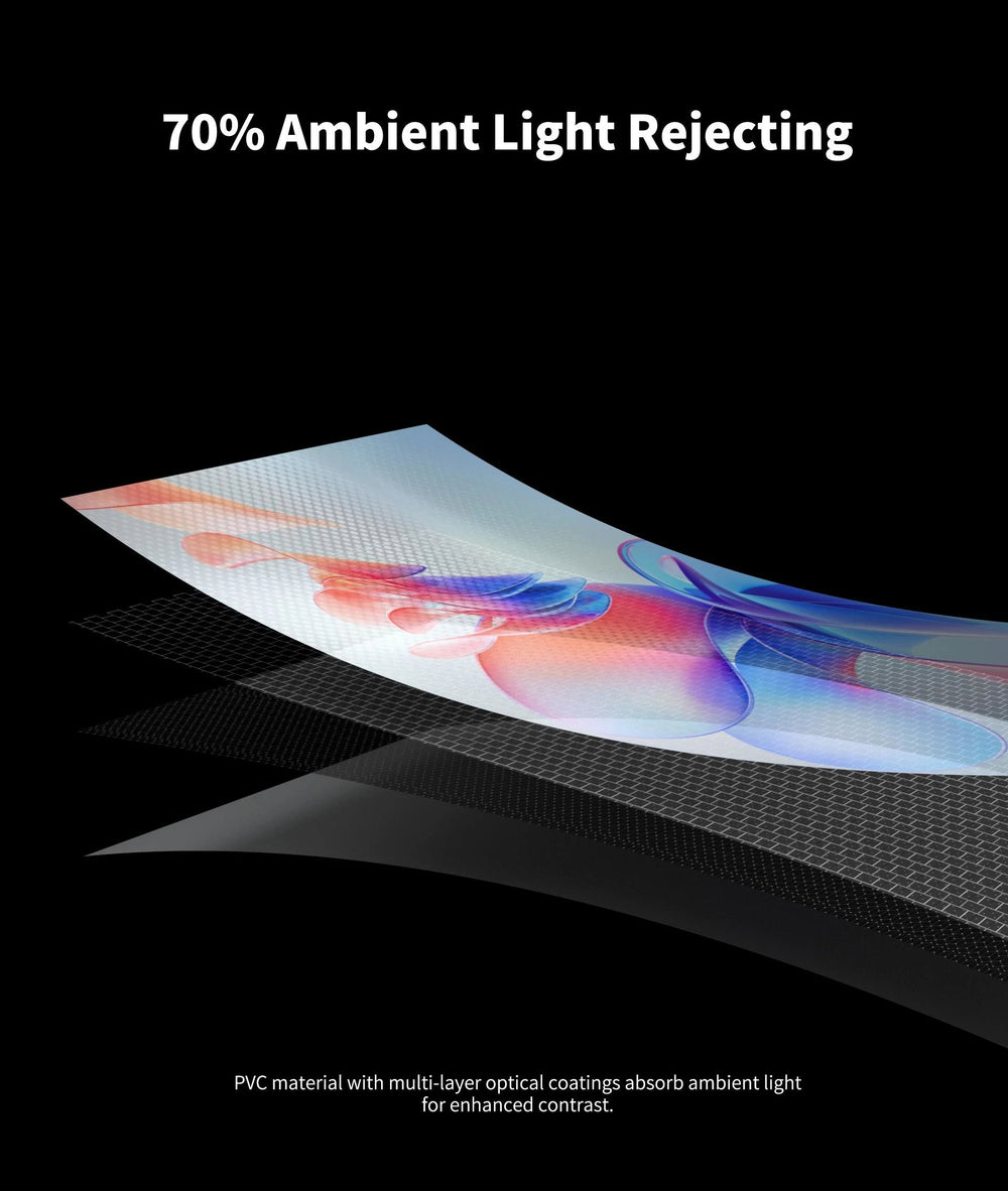 WUPRO Black Crystal projector screen with deep grey metallic ALR coating designed to enhance black levels and perceived contrast