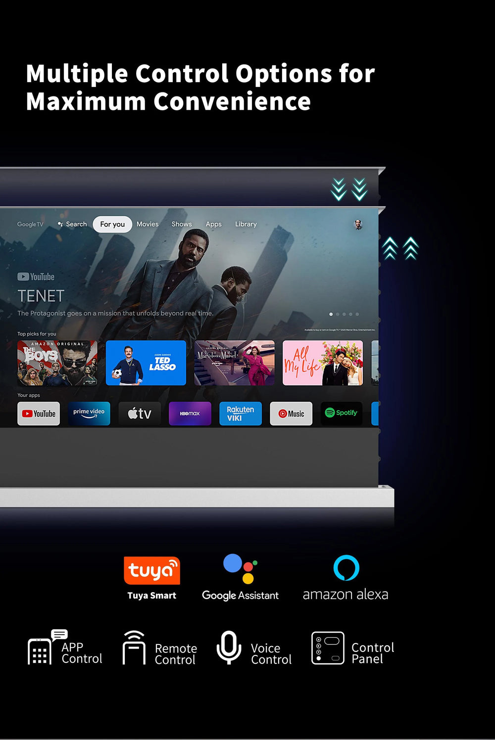 WUPRO LeApex smart motorized floor rising screen with RF remote Tuya app Google Assistant and Amazon Alexa voice control