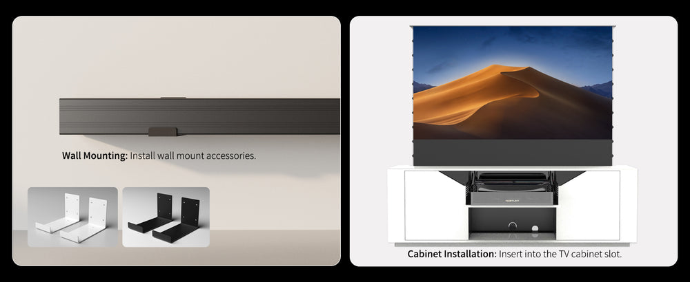 WUPRO LeApex Black Crystal ALR motorized floor rising projector screen with wall bracket mounting or built-in integration into a smart UST projector cabinet