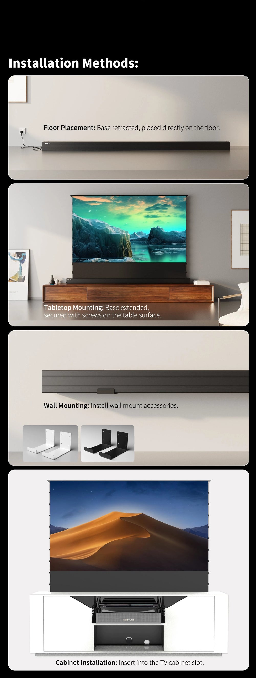 WUPRO LeApex Black Crystal motorized floor rising projector screen supports freestanding floor placement and optional wall bracket installation