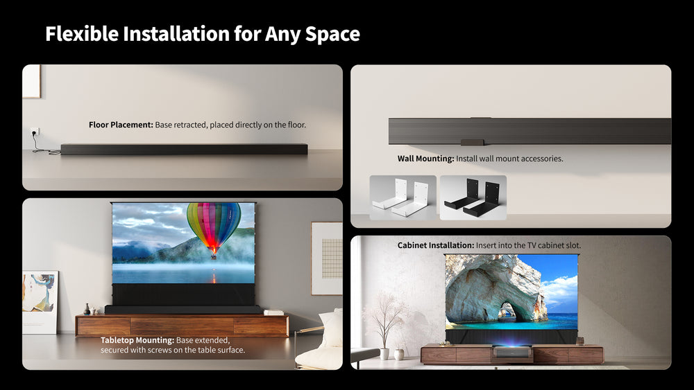 WUPRO LeApex motorized UST floor rising screen supports floor cabinet wall bracket and built-in smart TV cabinet installation
