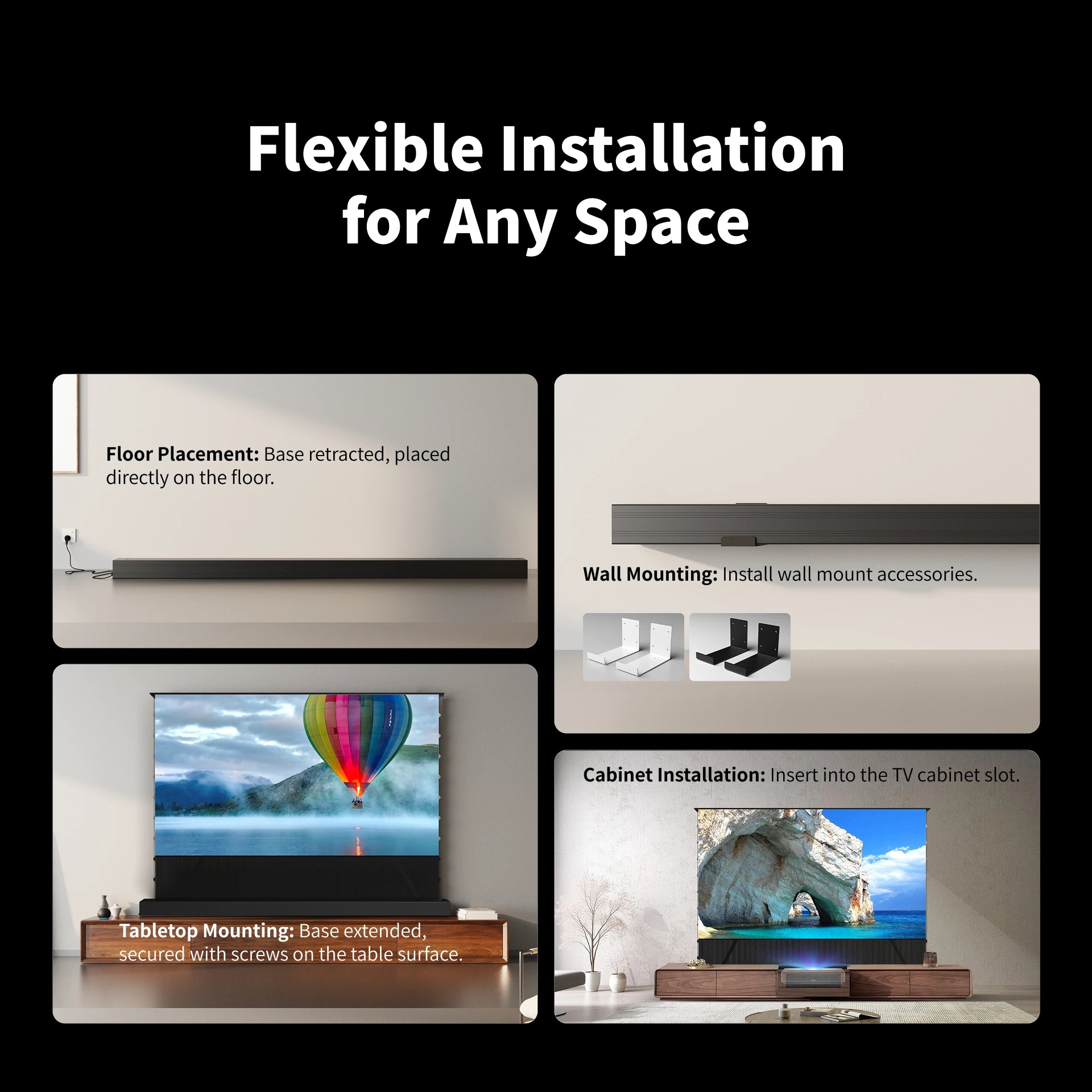 WUPRO LeApex CBSP floor mounted motorized rising projector screen installation without drilling
