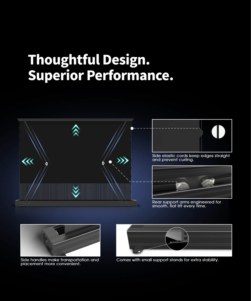 WUPRO LeApex CBSP floor rising screen craftsmanship details with precision tensioning stable support arms and refined housing and side handles and a smooth flat projection surface