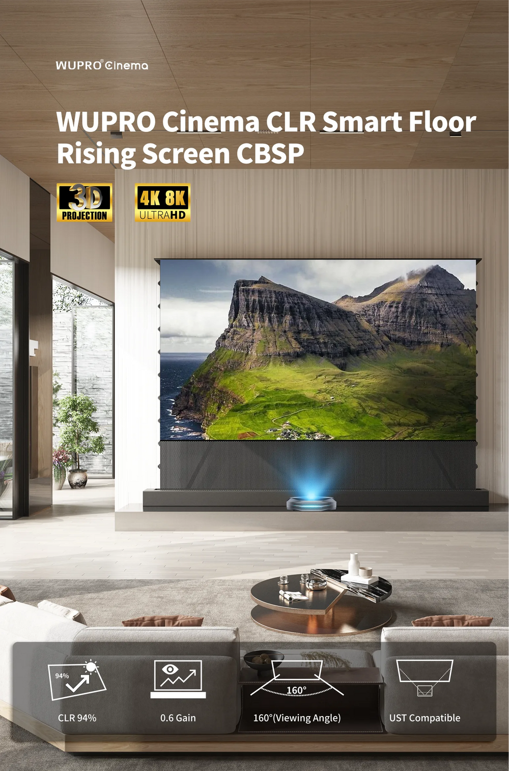 WUPRO LeApex CBSP UST CLR floor rising screen with seamless projection surface up to 130 inches for for ultra short throw laser projectors