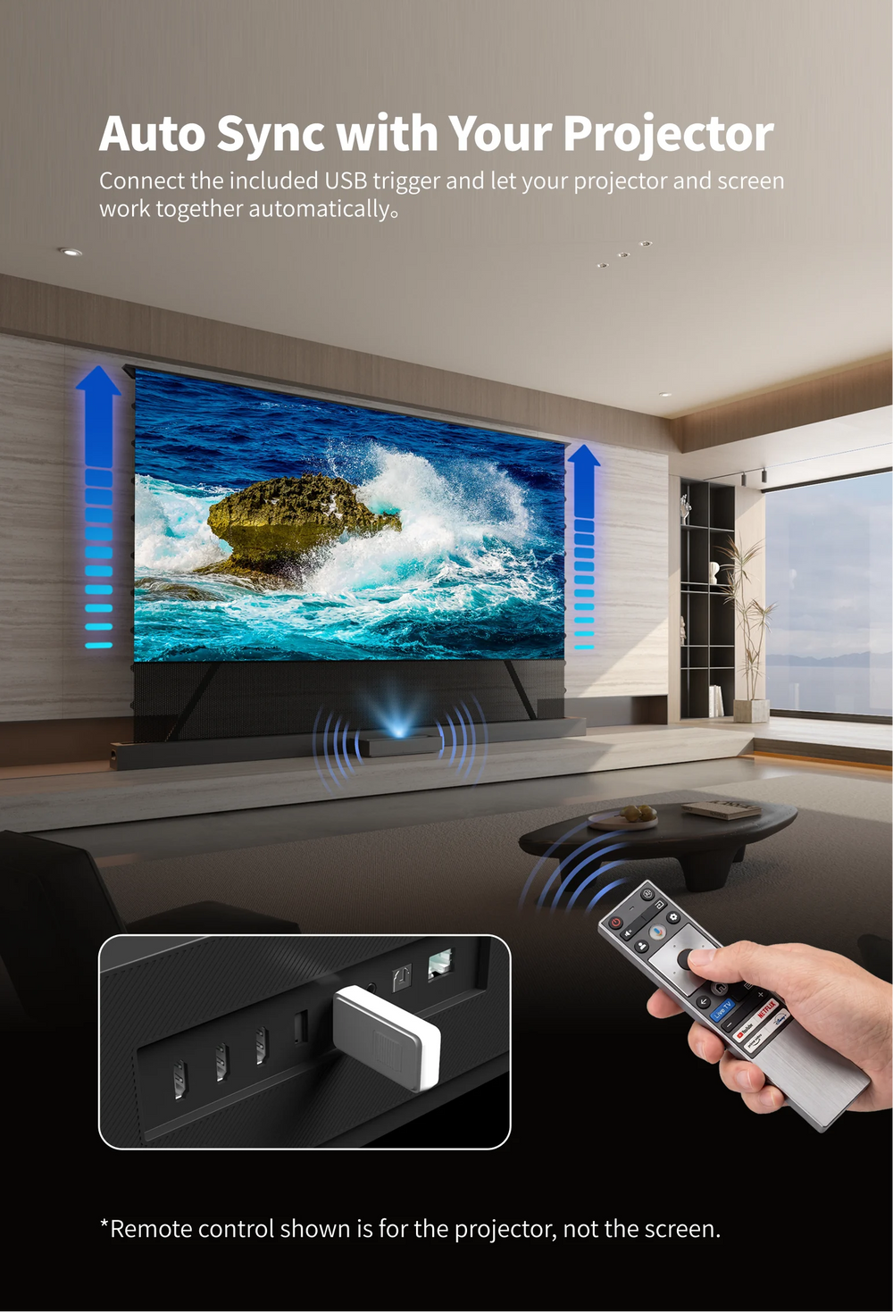 WUPRO LeApex CBSP UST CLR floor rising screen with USB trigger for automatic projector synchronization