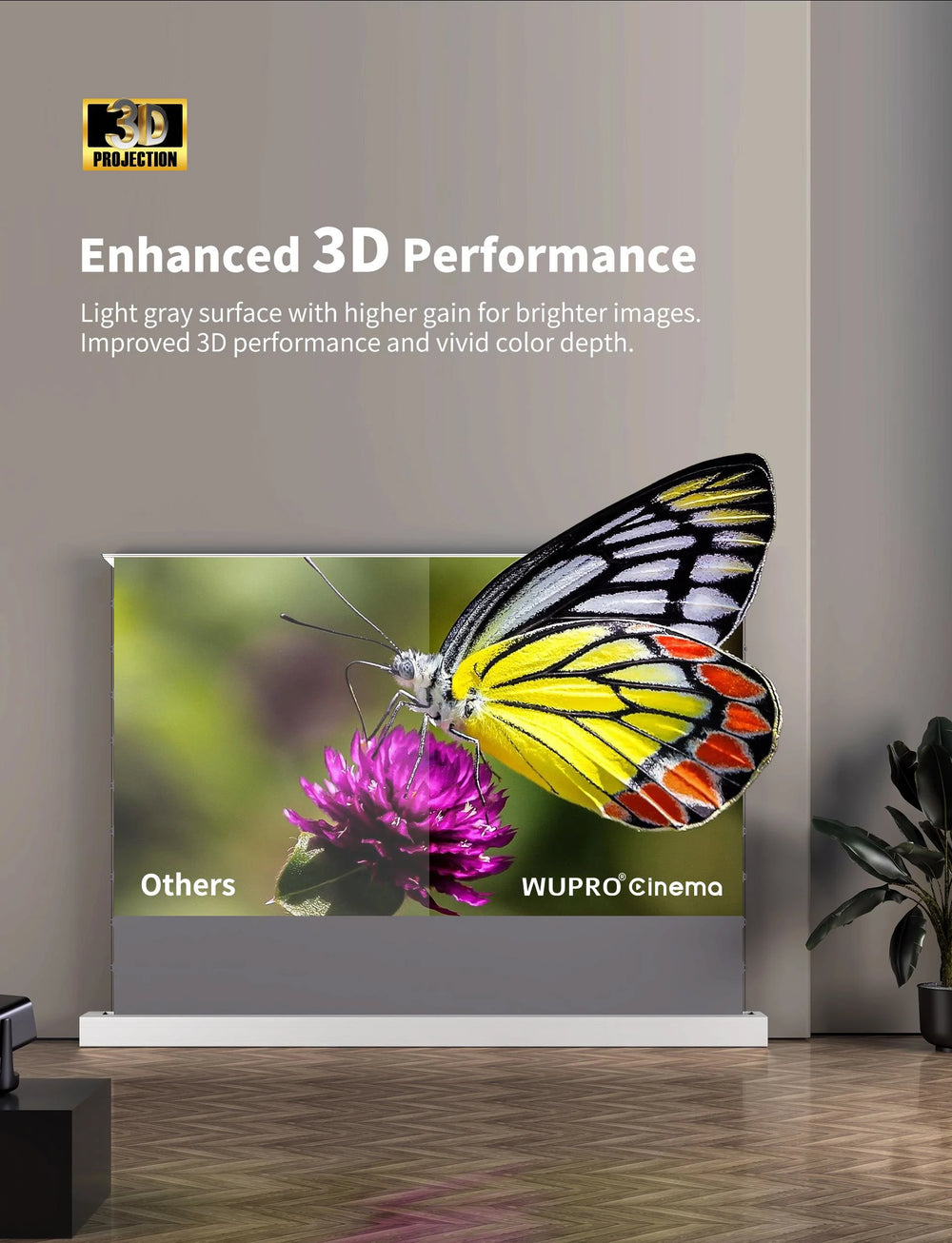 WUPRO LeApex Grey Crystal 1.2 gain floor rising projector screen delivers enhanced brightness for immersive 3D home theater projection