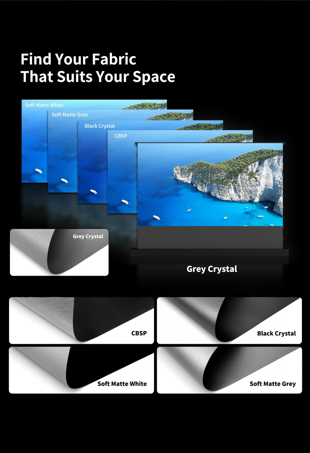 WUPRO LeApex Grey Crystal 1.2 gain motorized projector screen enhances perceived brightness for vivid large screen viewing
