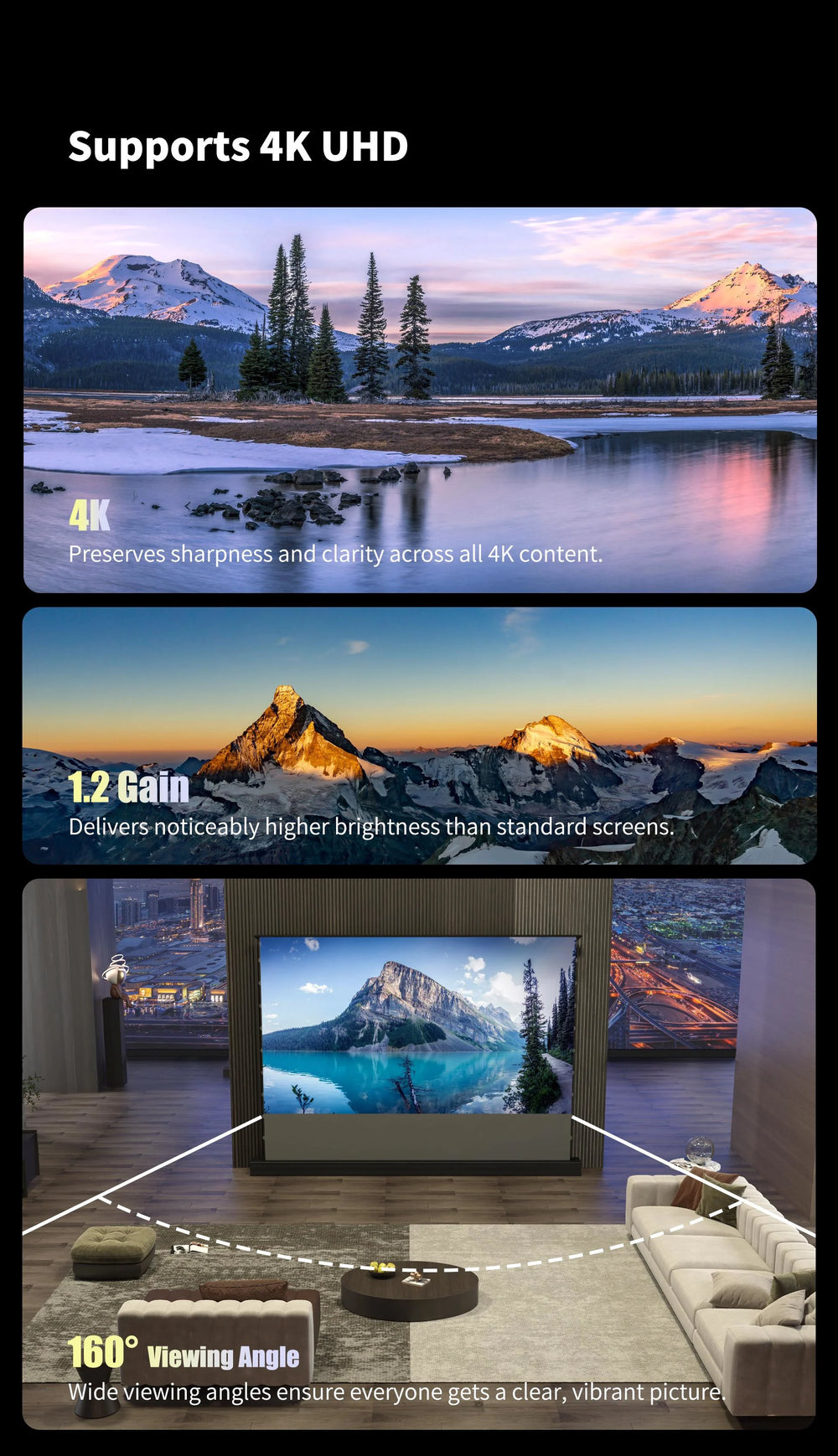 WUPRO LeApex Grey Crystal motorized floor rising screen with 1.2 gain 160 degree viewing angle enhanced 3D brightness and standard long throw projector compatibility
