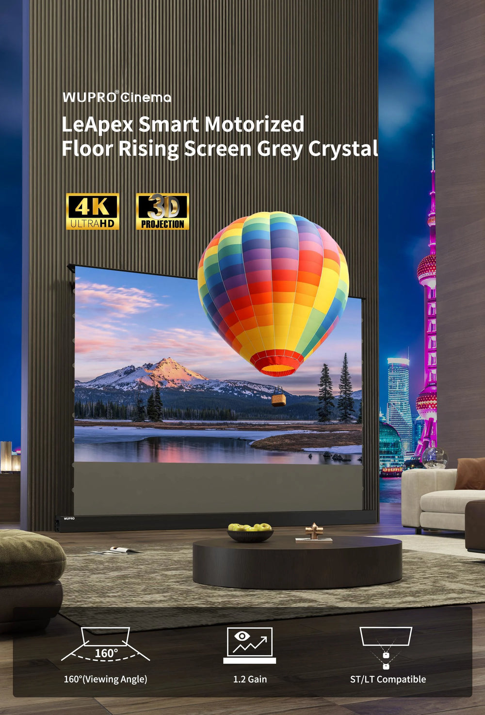 WUPRO Cinema LeApex Grey Crystal high gain smart motorized floor rising projector screen for standard and long throw projectors