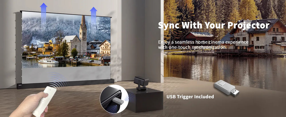 LeApex motorized projector screen with USB trigger for automatic screen synchronization