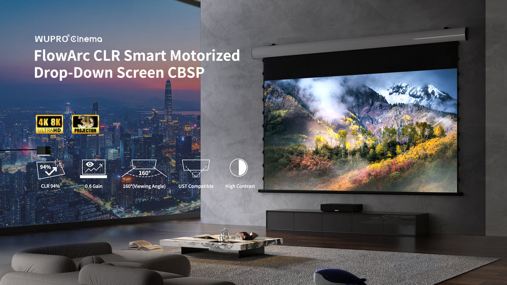 WUPRO luxury flowarc motorized wall mounted drop down projector screen FlowArc UST ALR CLR screen with CBSP lenticular fabric, premium ambient light rejecting projector screen for ultra short throw home theater projection
