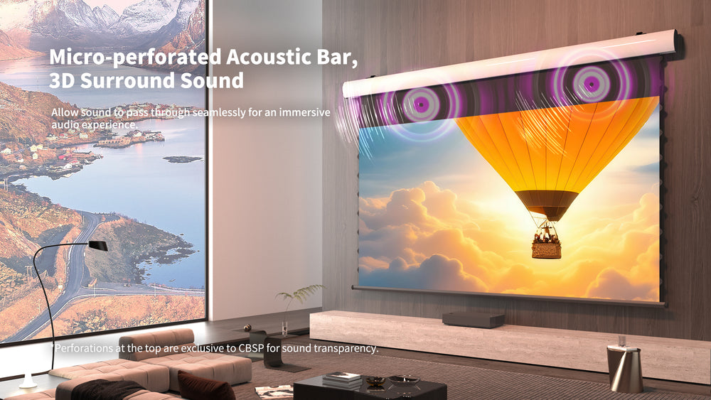 WUPRO luxury motorized wall mounted drop down projector screen FlowArc with acoustically transparent black drop design, improving sound pass-through and flexible installation height adjustment