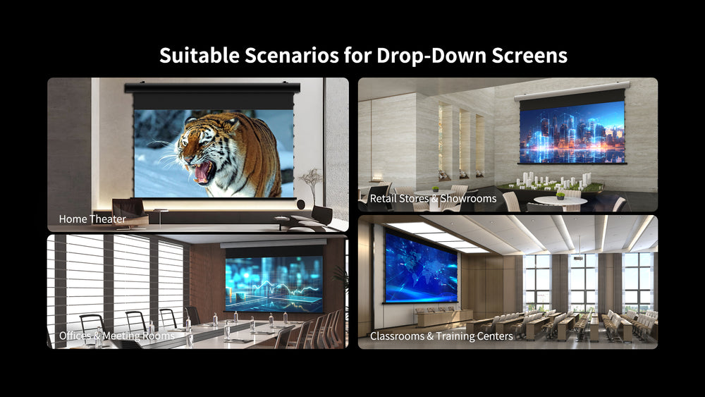 WUPRO luxury motorized wall mounted drop down projector screen FlowArc used in multiple scenarios including home cinema, living room entertainment, gaming room, office meeting room and commercial projection environments, premium projector screen for versatile installation and usage