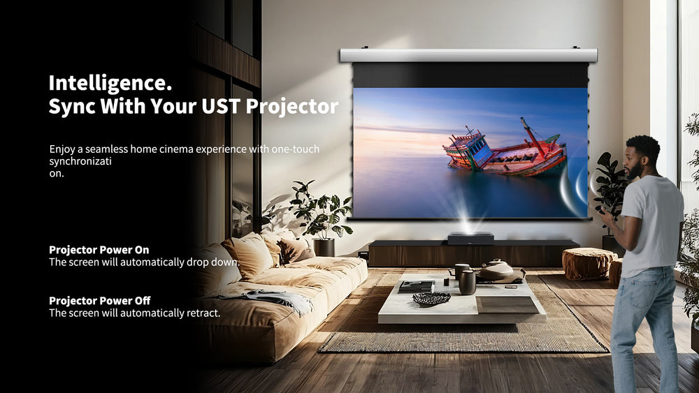 WUPRO luxury motorized wall mounted drop down projector screen FlowArc supports USB trigger projector synchronization for automatic screen control with compatible projector systems