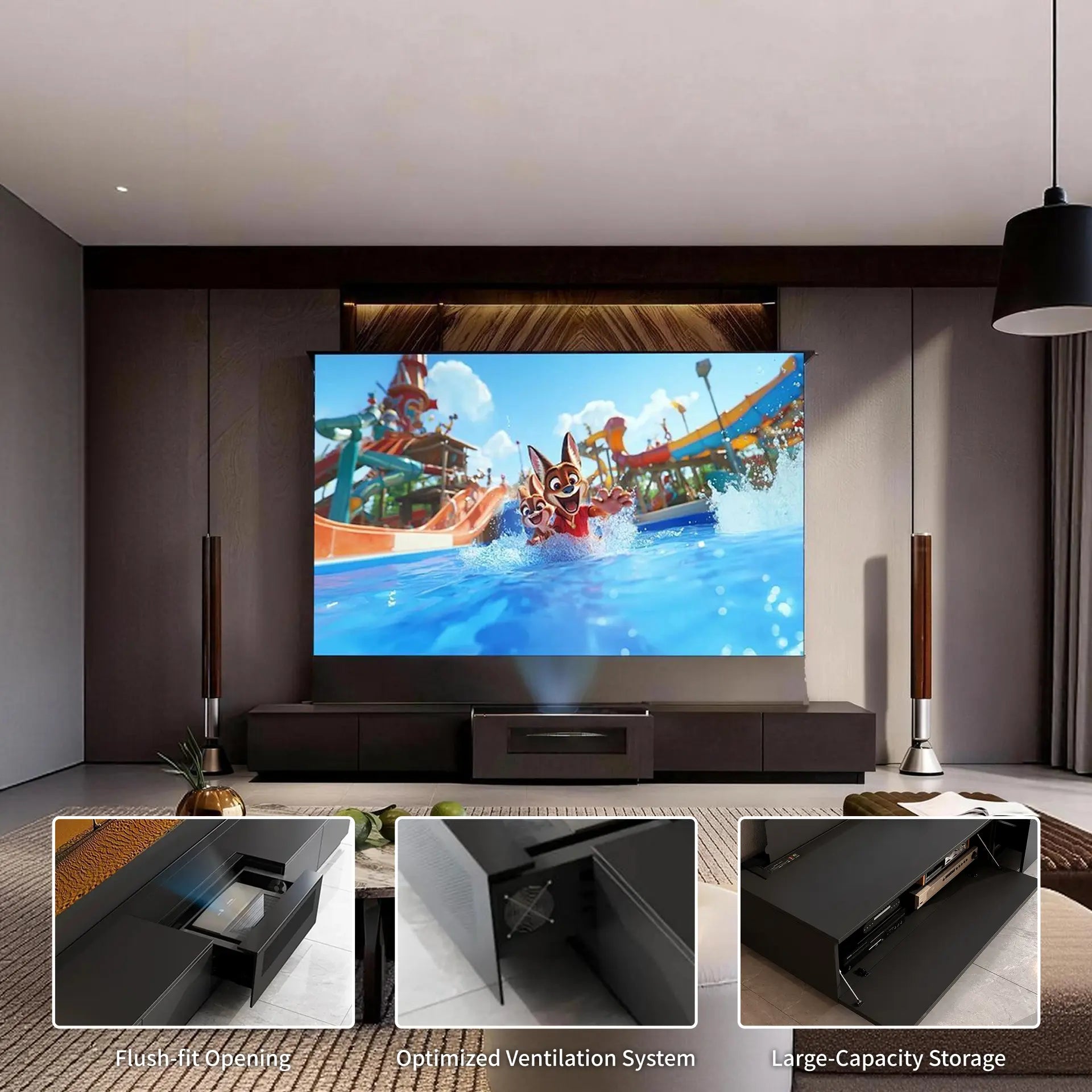 wupro cabinet UST laser tv features built-in cable management and a perforated, acoustically transparent drawer design that enhances airflow and surround sound for a more immersive viewing experience.
