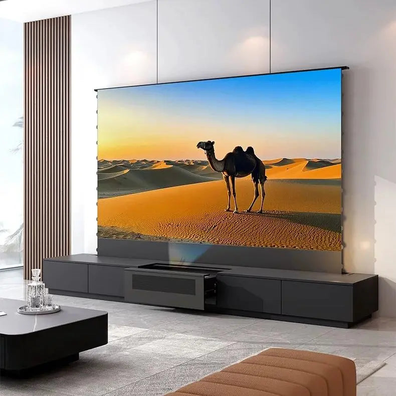 Black matte invisible cabinet for UST laser TV system, offering sleek modern design and seamless integration into dark themed home cinema spaces