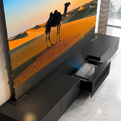 Flush fit opening system invisible cabinet for UST laser TV featuring front panel design that aligns seamlessly with cabinet surface for a clean and integrated home theater appearance