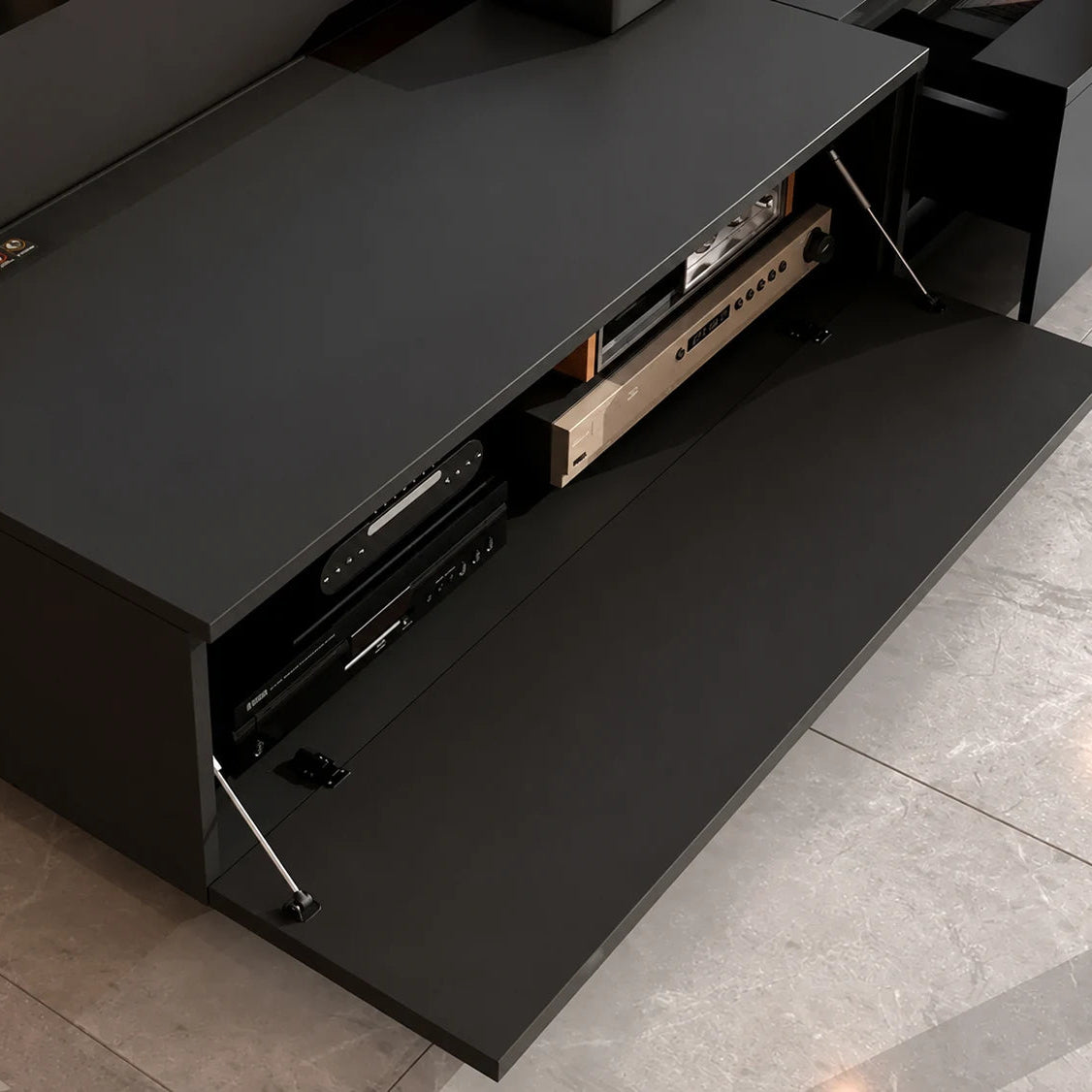 UST laser TV invisible cabinet with hidden storage space design providing organized interior compartments for media devices, accessories and cable management while maintaining a clean minimalist exterior appearance