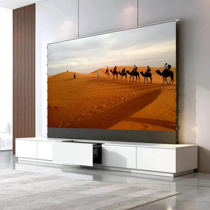 White minimalist invisible cabinet for UST laser TV, designed for modern clean interior home theater environments with seamless integration