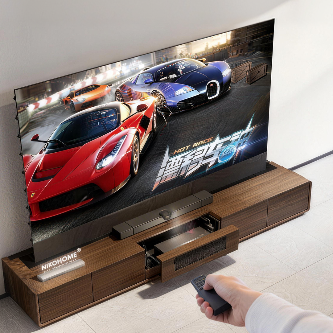 Smart projector cabinet with automatic control system for laser TV setup
