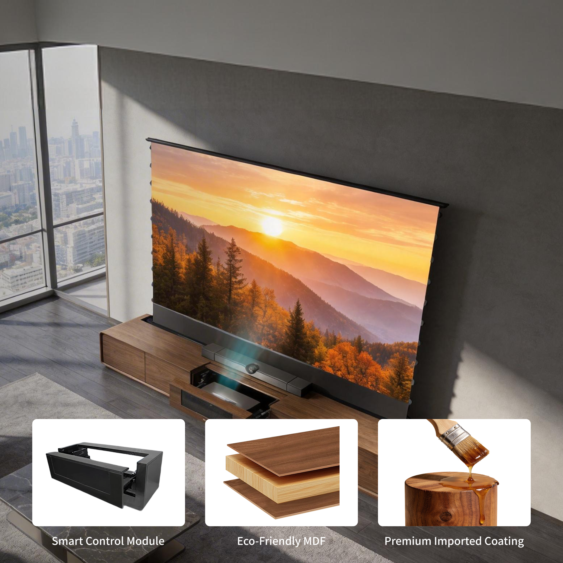 Luxury home theater laser TV cabinet for ultra short throw projector setup