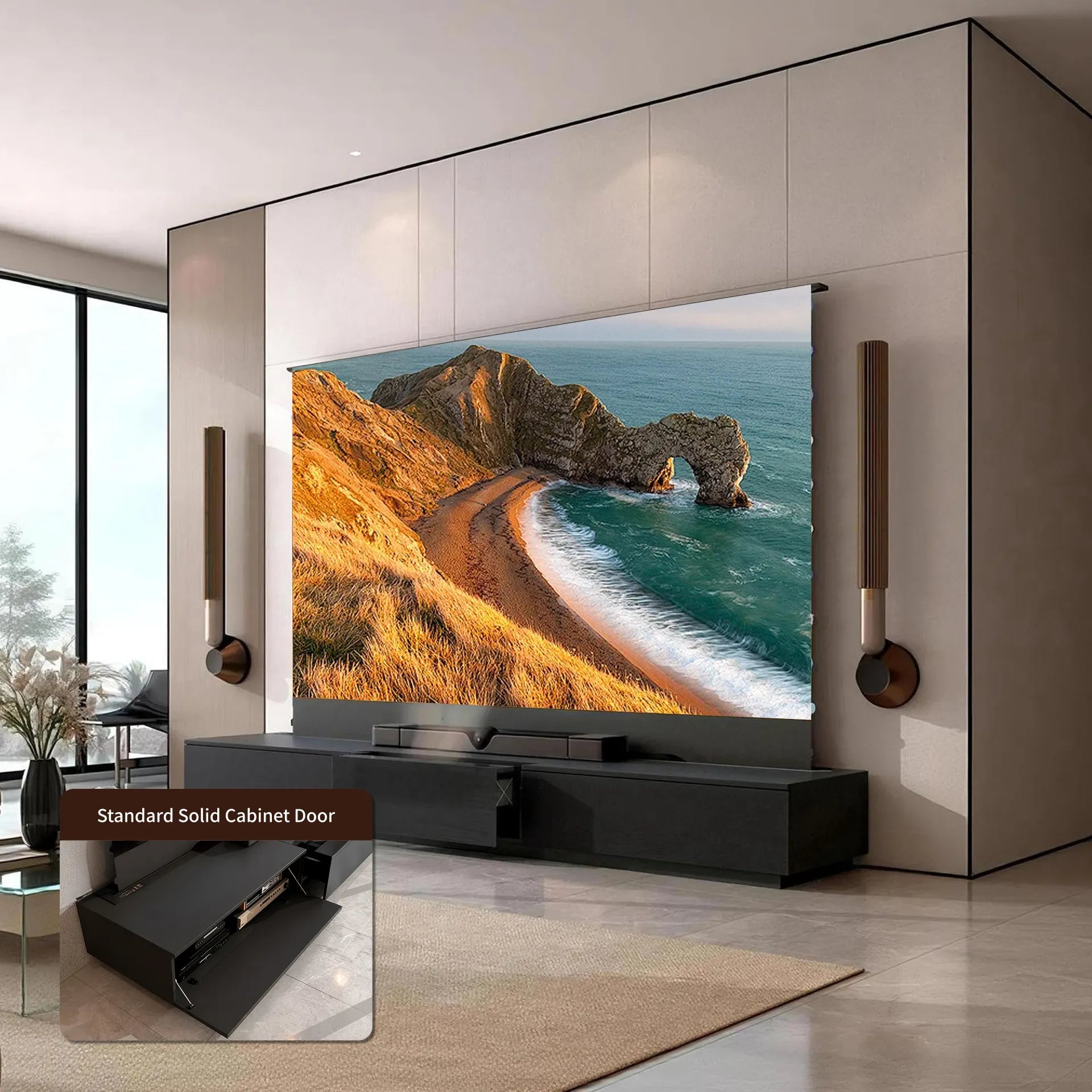 WUPRO UST Laser TV Cabinet Berlin with solid wood flip-down door panel for a completely hidden setup