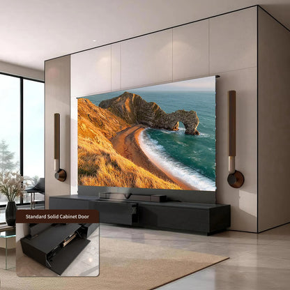 WUPRO UST Laser TV Cabinet Berlin with solid wood flip-down door panel for a completely hidden setup