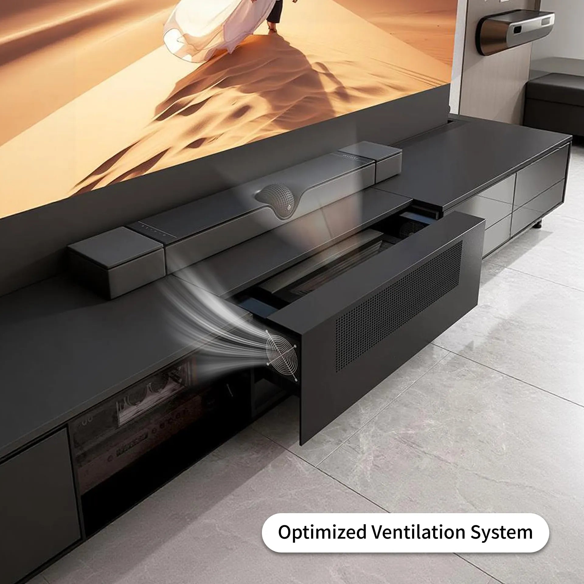 WUPRO Berlin UST laser TV cabinet with optimized ventilation system to keep ultra short throw projector cool and improve long-term performance